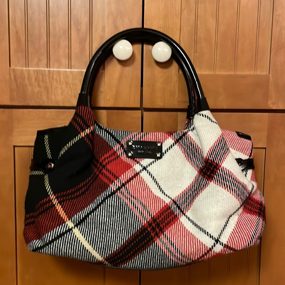 Kate Spade plaid satchel with black patent leather trim.